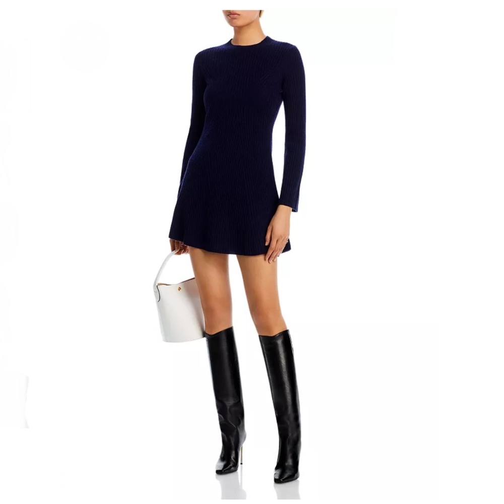 Luxurious 100% Cashmere Contour Ribbed Mini Dress By Aqua in Navy